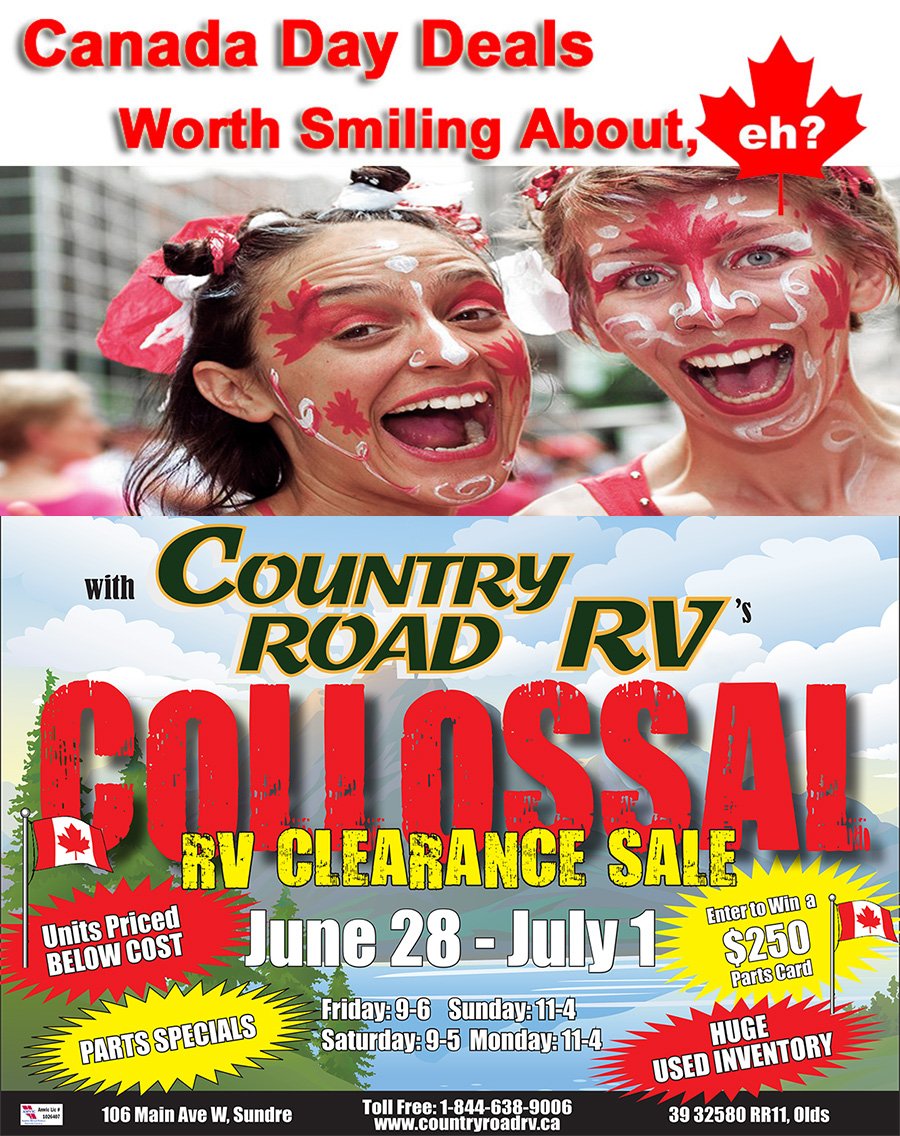 CountryRoadRV's tweet photo. The #CanadaDay weekend is coming - and so is our Canada Day #RV Clearance #Sale! https://t.co/fgT36Mgf19. Huge RV savings @CountryRoadRV in #Sundre and #Olds. https://t.co/yyFVspnYOL