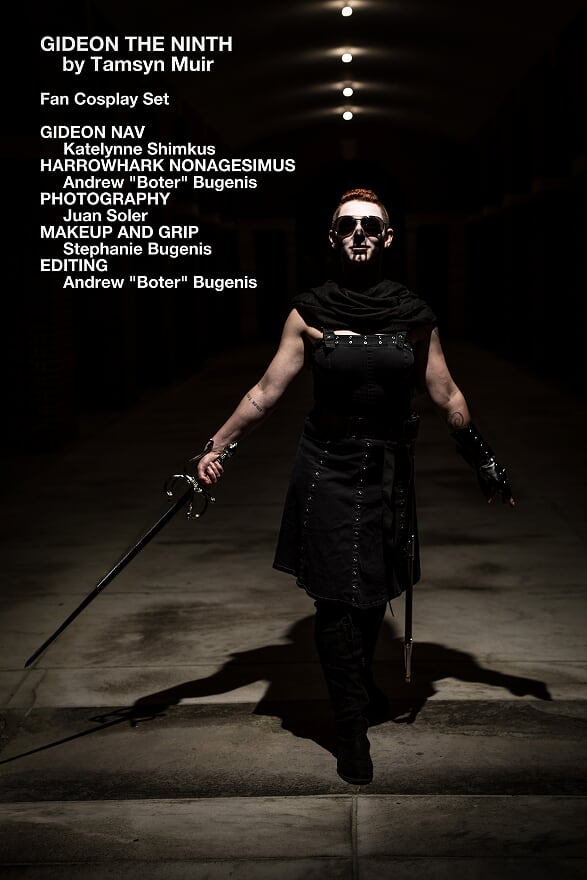 A bookseller holds a sword & wears a costume & makeup inspired by Gideon the Ninth. Photo by Juan Soler