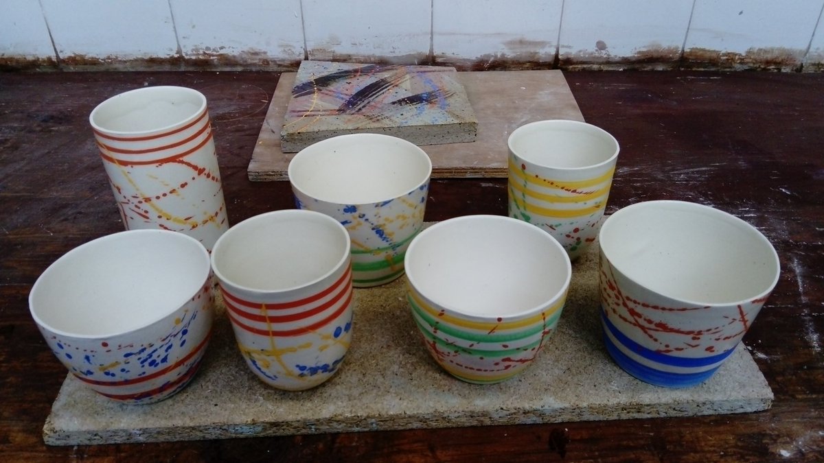EllisCeramics's tweet photo. Next batch of Earthenware slipcast with coloured enamel waiting to be fired. #Ceramics #JenniferEllisCeramics https://t.co/W45gCOf1He