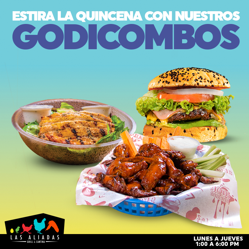¿Estirando lo último de la quincena?
En Las Aliadas sí te rinde 😎
Aprovecha nuestros #Godicombos y vente a comer por solo 💲99.00

Promociones sujetas a cambios sin previo aviso. Imágenes ilustrativas. 
#LasAliadas #godicombos #promo #alitas #lunes
 #hmaburguesa #ensalada