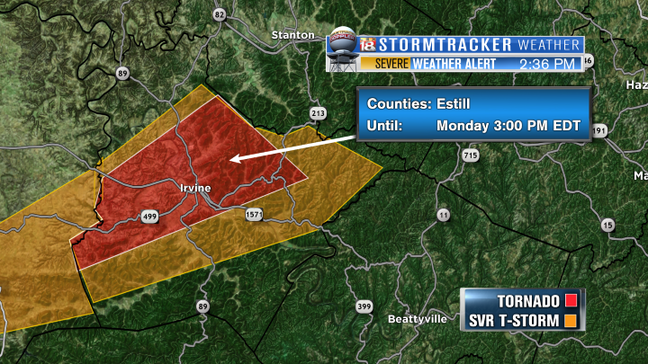 LEX18News's tweet photo. **TORNADO WARNING ESTILL COUNTY!** Seek shelter immediately! Graphic has details. #LEX18StormTracker https://t.co/5iz7ZHGHc8
