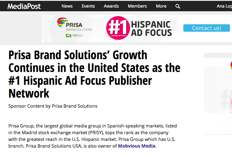 PBS_US's tweet photo. Prisa Brand Solutions’ Growth Continues in the United States as the #1 Hispanic Ad Focus Publisher Network #PrisaBrand #Mobvious #HispanicMarketing https://t.co/1qGv2KwdSY via @MediaPost https://t.co/MRVivTjLPF