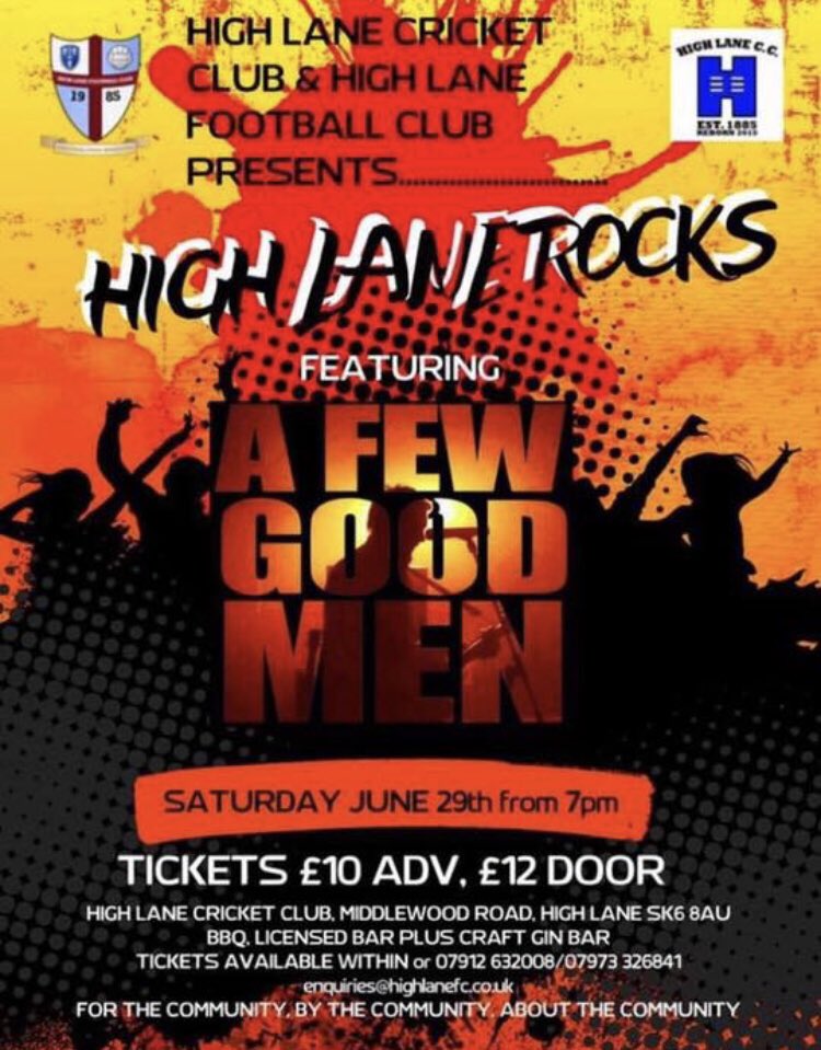 This Saturday sees ‘A Few Good Men’ make their Marquee debut at High Lane CC. 

Tickets £10 in advance (£12 on door) 

07912 632008/ 07973 326841

BBQ plus licensed bar and Craft gin bar