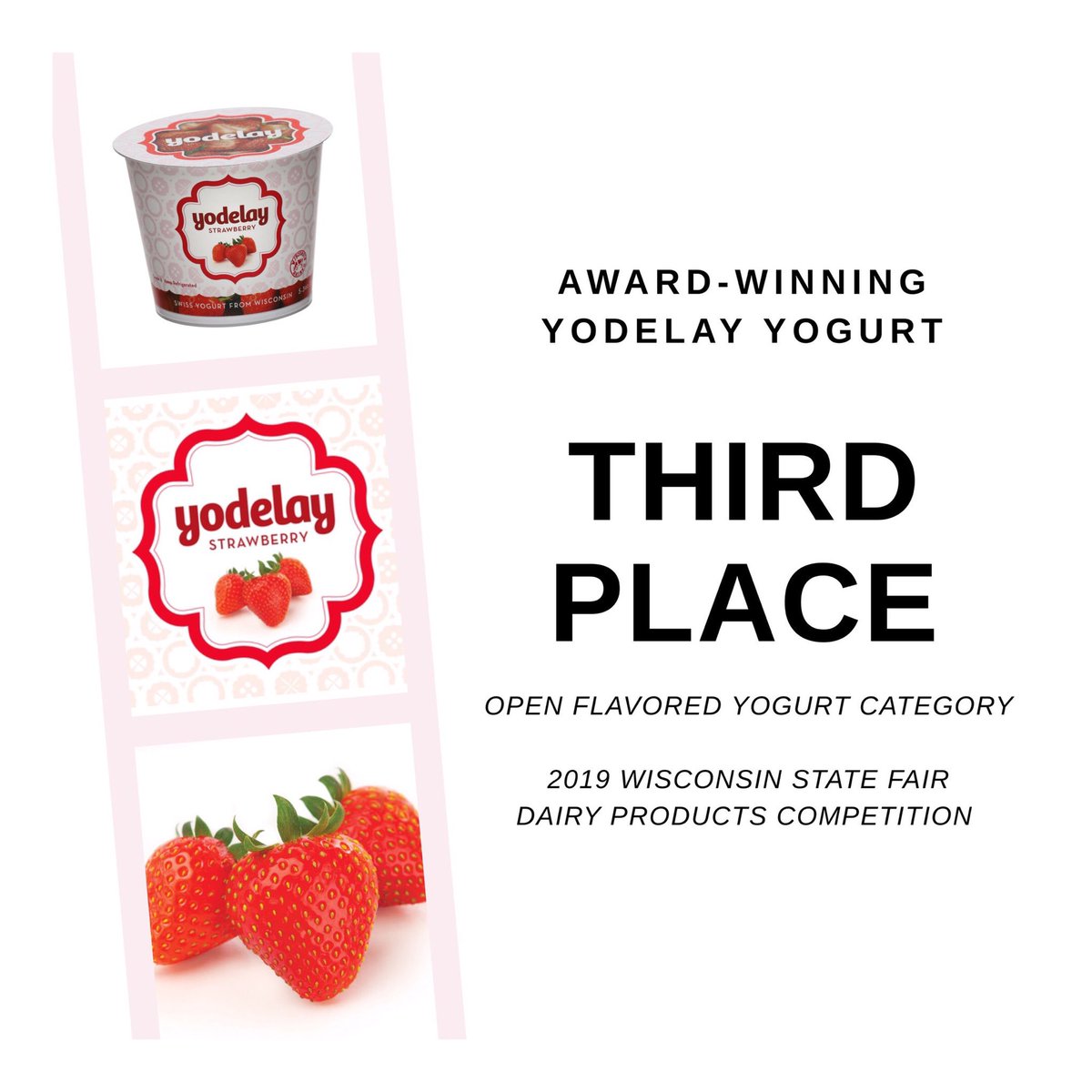 🥇🥈🥉🎉

Did you hear the exciting news!? 

Yodelay swept the Open Flavored Yogurt category at the 2019 Wisconsin State Fair Dairy Products Competition!