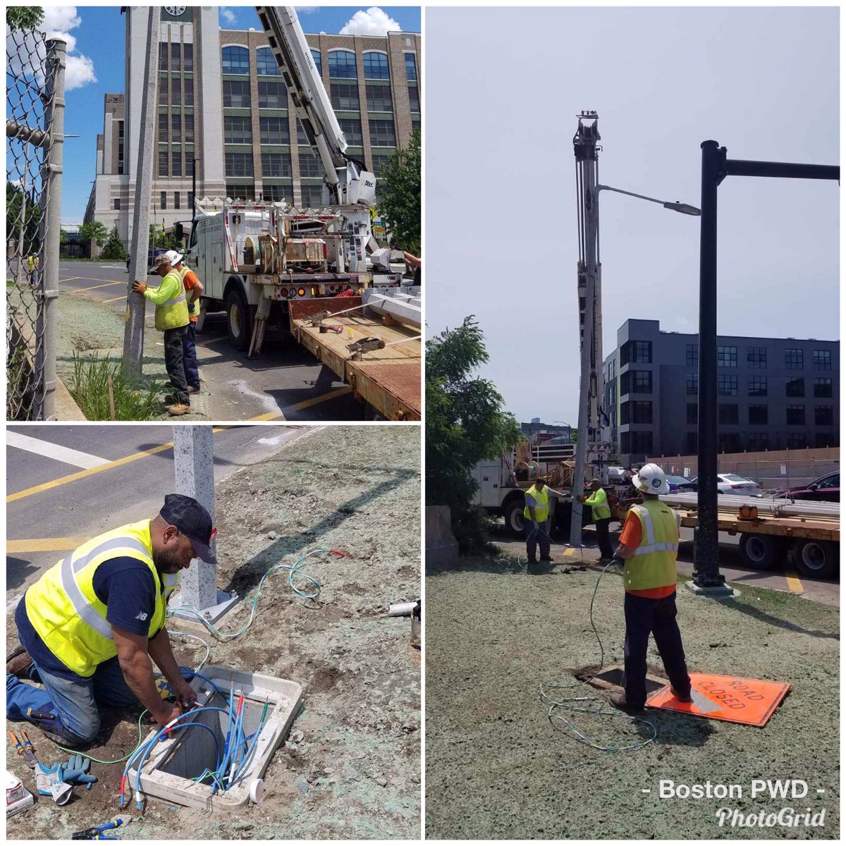 BostonPWD's tweet photo. PWD’s Street Lighting Division was busy installing (9) street poles to enhance lighting around the #SullivanSquare rotary. #PublicWorksMakesItHappen https://t.co/ZrtZAaaAvR