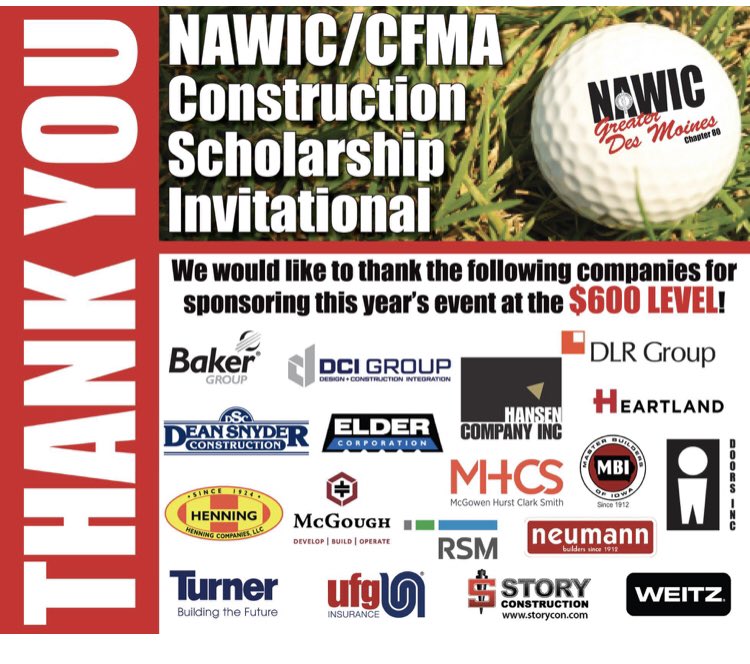 CFMAIowa's tweet image. Don’t miss out on the NAWIC/CFMA golf outing taking place this Friday. We would like to thank and recognize some of this year’s sponsors.