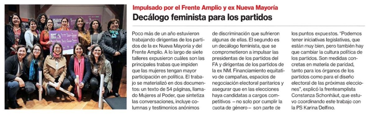 ConySchon's tweet photo. Segunda ola de cobertura al compromiso #MujeresAlPoder firmado x presidentas d @elfrente_amplio y vicepresidentas de otros partidos de oposición en materia de paridad y feminismo. Un  año de trabajo, diálogo honesto y llamado a la acción con un decálogo feminista base @La_Segunda https://t.co/jhgM1TVwUL
