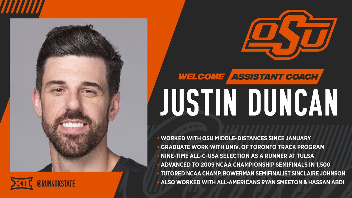 run4okstate's tweet photo. We're excited to announce that Justin Duncan will be staying with the program and serving as an assistant coach for distance events! #okstate 

Duncan has proven to be an invaluable member of the staff since beginning his interim role in January!

📰: https://t.co/vkNIVmWr86 https://t.co/vaVXTpF9ig