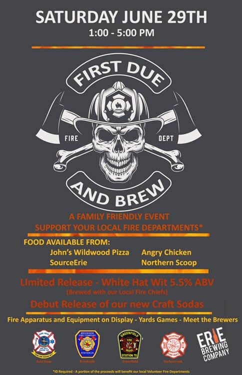 THIS SATURDAY: First Due And Brew from 1-5 PM at Erie Brewing Company! A family friendly event with delicious food and specialty craft brews! Most importantly — it’s all for a good cause! Don’t miss this! <a href="/PubAndPie/">Pub & Pie</a> <a href="/BreweriesinPA/">Breweries In PA</a>