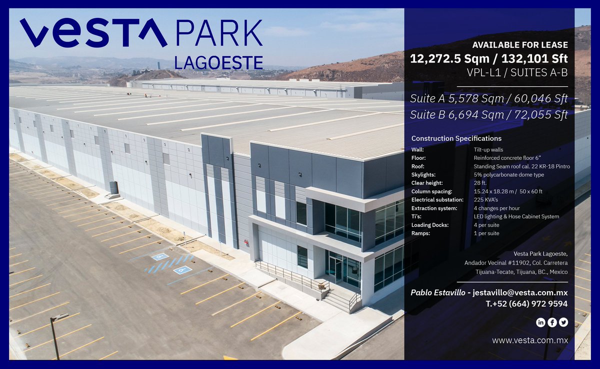 oficialVesta's tweet photo. La zona norte del país muestra estar en plena expansión productiva, lo que nos llena de orgullo. En Tijuana, nuestro Vesta Park Lagoeste está a punto de estar al 100% de su capacidad, con su gran ubicación y edificios de la mejor calidad. #vestaparklagoeste #innovesting #tijuana https://t.co/EP3EGpuIzV