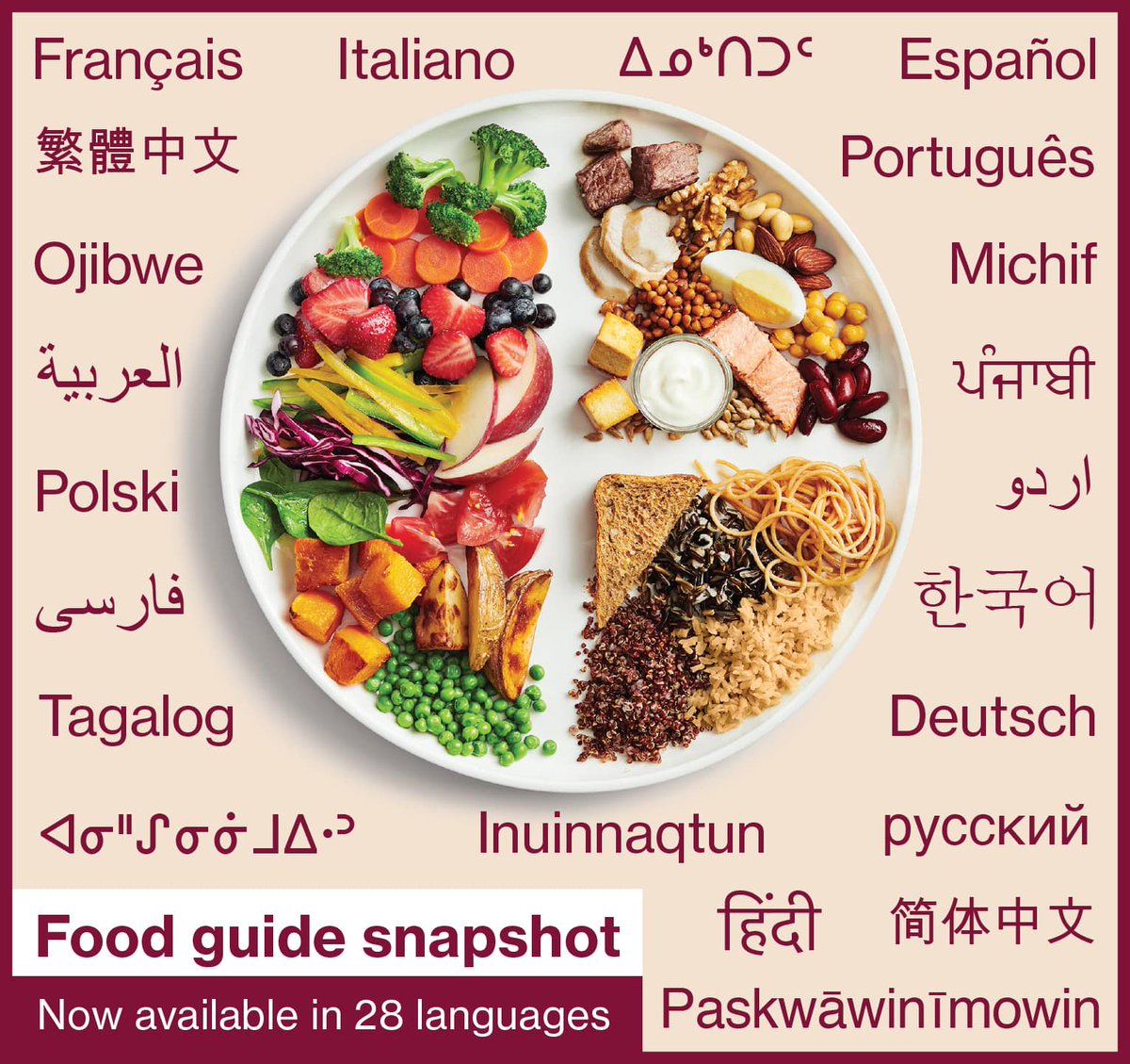 brysinclair's tweet photo. Canada's Food Guide snapshot is now available in 28 languages! Explore the translated snapshots: https://t.co/05zWEiiBWR #FoodGuide #foodpolicy @GovCanHealth https://t.co/88rfa8n6gv