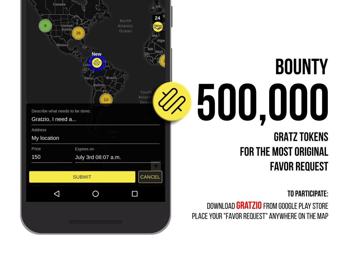 Submit the most original favor request to win 500,000 Gratz Bounty! To participate: Download Gratzio app play.google.com/store/apps/det… and place a favor request anywhere on the map. The winner will be announced on July 24th. #Bounty #BountyHunter #cryptocurrency #cryptobounty #grat