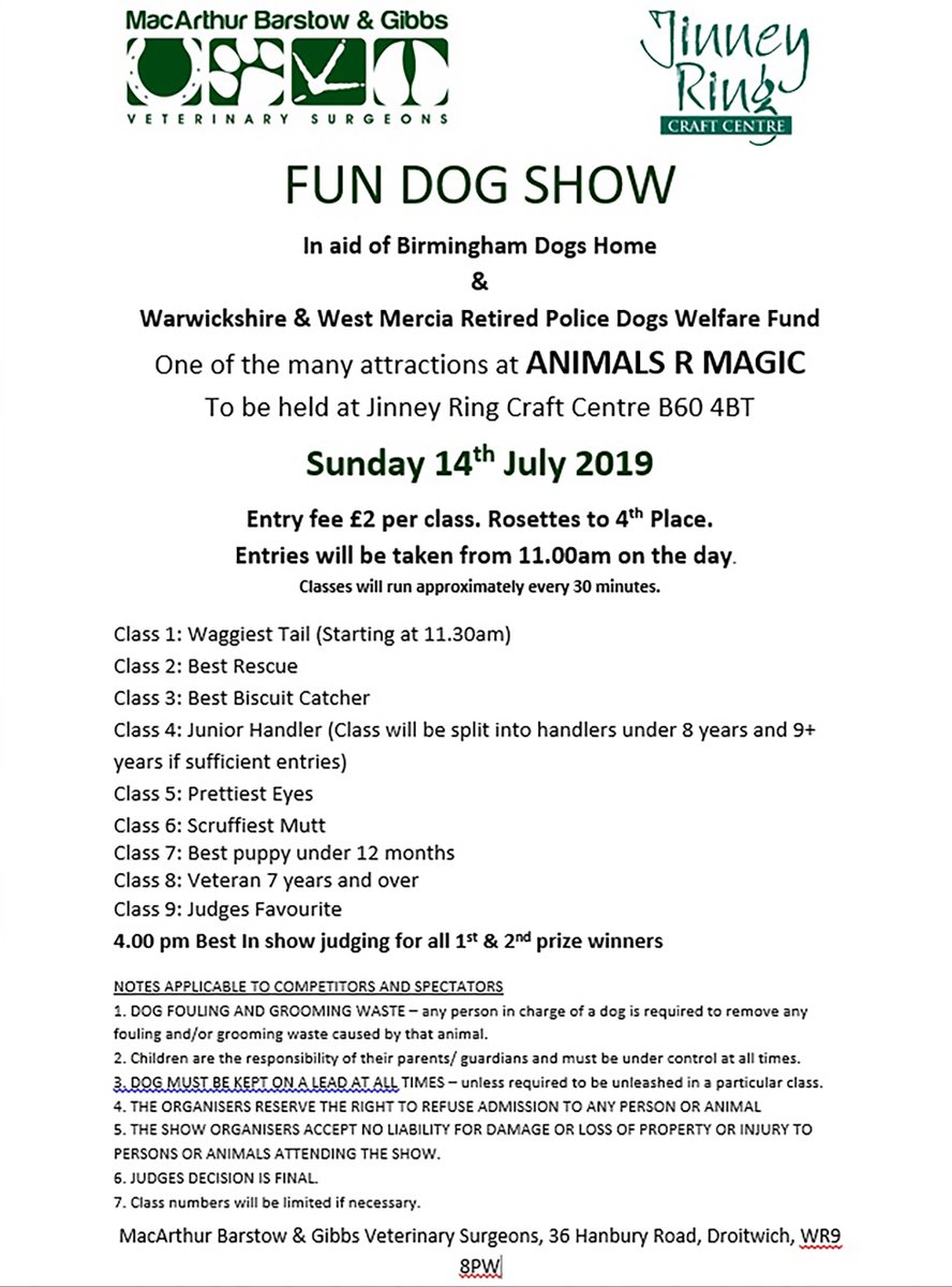 AnimalsRMagic2's tweet image. Here are the classes for the Fun Dog Show, one of many attractions at this year's Animals R Magic @jinneyringcraft on Sunday 14th July. Help us find our local Best Biscuit Catcher! #dogfriendly #worcestershirehour