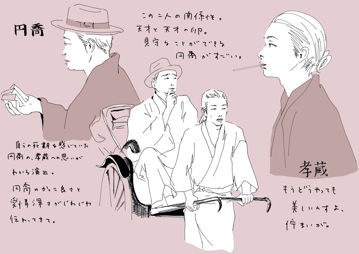 松尾さんの円喬が毎回、
ヒリヒリするくらいカッコ良かった。

二人の空気感も伝わってくる感じが独特で、
深みがあって。

別れのシーン、心情描写の妙。

孝蔵の才能と惰性が入り混じる姿がまた、
歯痒くも愛しい。

#いだてん #絵だてん #いだてん絵
#松尾スズキ #森山未來
#sayako_illustration 