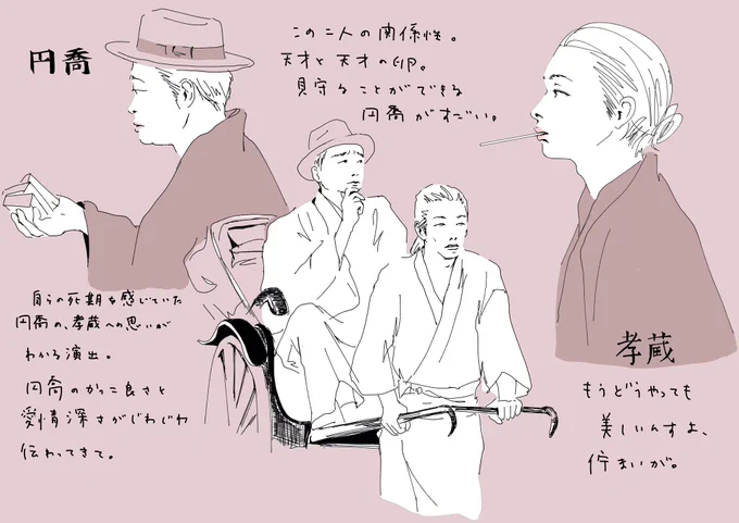 松尾さんの円喬が毎回、
ヒリヒリするくらいカッコ良かった。

二人の空気感も伝わってくる感じが独特で、
深みがあって。

別れのシーン、心情描写の妙。

孝蔵の才能と惰性が入り混じる姿がまた、
歯痒くも愛しい。

#いだてん #絵だてん #いだてん絵
#松尾スズキ #森山未來
#sayako_illustration 