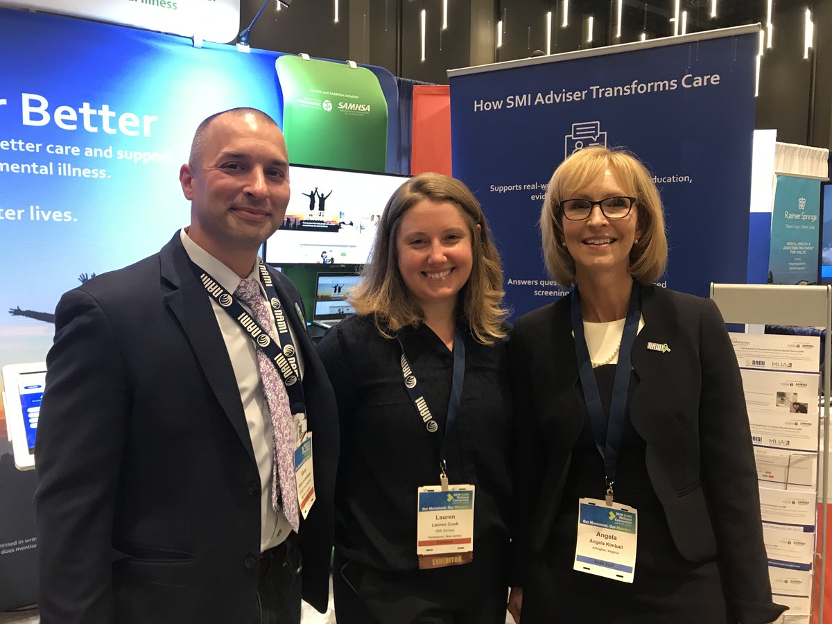 ChargeAheadMktg's tweet photo. Had the pleasure to meet @NAMICommunicate CEO Angela Kimball at #namicon19 last week, pictured here w/ me and Lauren Cook, project manager on SMI Adviser (https://t.co/dXsoY1hK4y). Great person, great energy, and it was a fitting touch on a great event. Kudos, NAMI. #mentalhealth https://t.co/hPh9sZtfIP