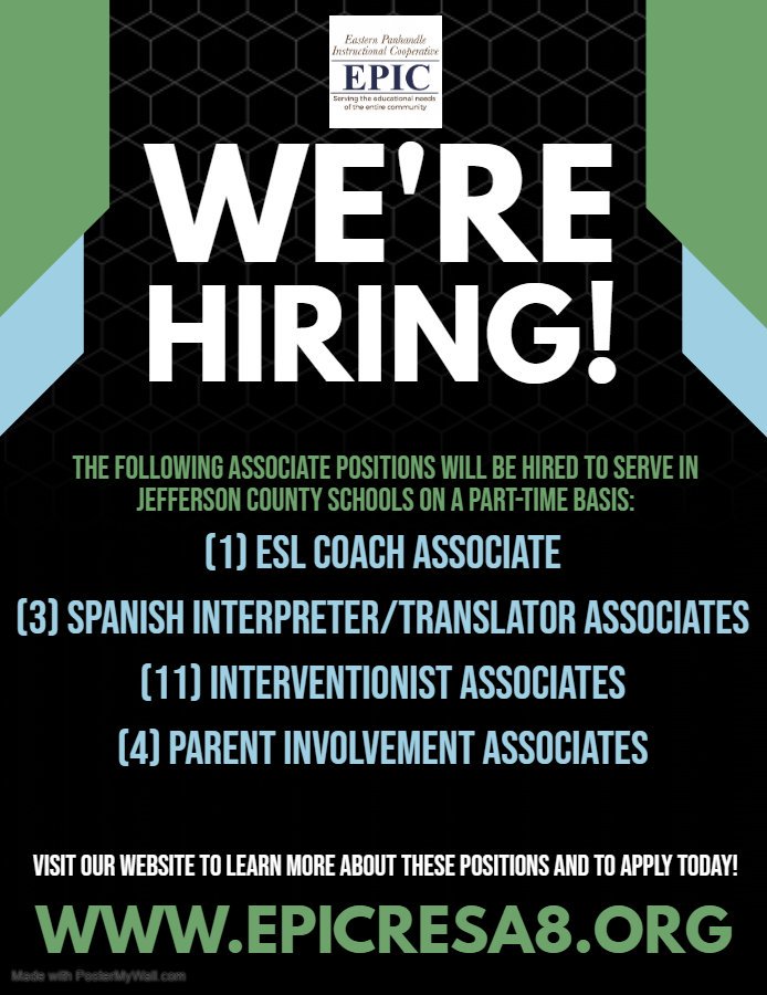RESA_8's tweet photo. We are hiring 19 part-time positions to serve Jefferson County Schools! (1) ESL Coach Associate; (3) Spanish Language Interpreter/Translator Associates; (11) Interventionist Associates; and (4) Parent Involvement Associates! Visit  https://t.co/6kXM57s9Bj to apply today! https://t.co/3YOWoZKqB4