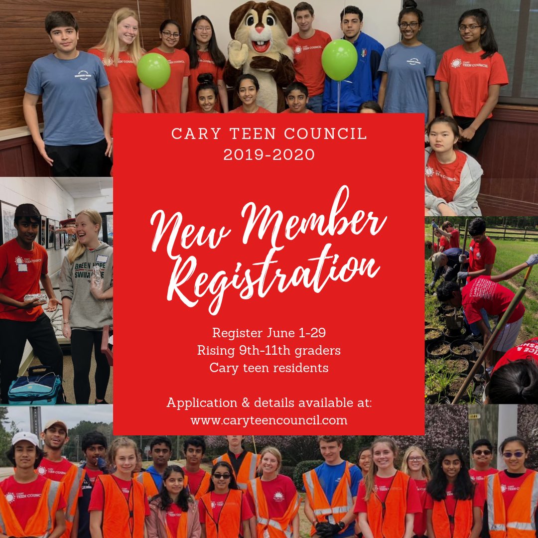 It’s the last week to register as a new member of Cary Teen Council for 2019/20!  Application deadline is this Saturday, June 29.  If you like to volunteer and be involved in the community, register today!  Details available at caryteencouncil.com #CaryNC