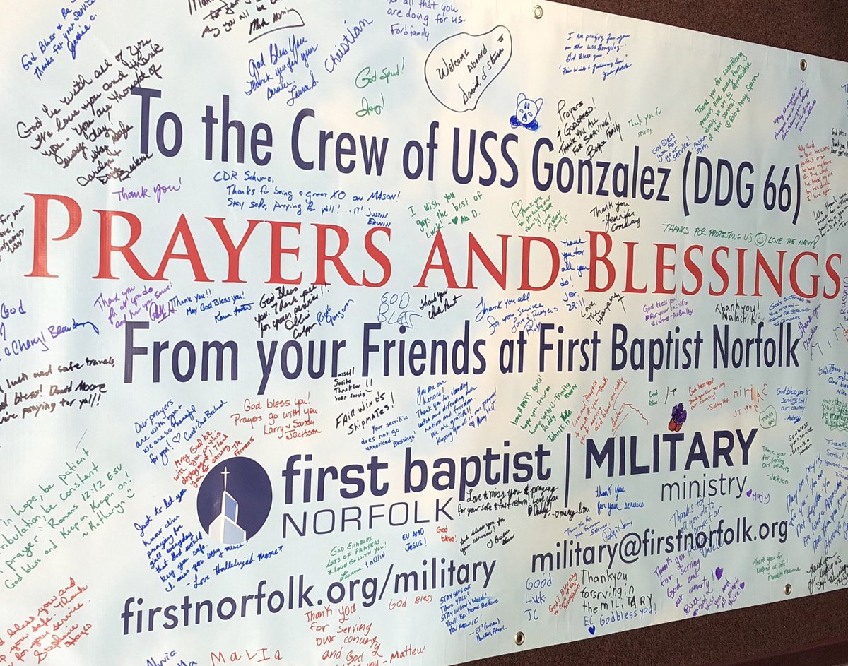 firstnorfolk's tweet photo. Sending love and encouragement to the Sailors of USS Gonzalez! We love sending these banners to our friends and neighbors who are deployed. Thanks to our church family for your support for military singles and families in Hampton Roads and beyond! #firstnorfolk #milministry https://t.co/BCBjiLz9ya