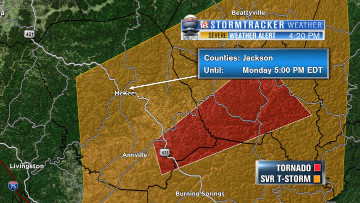 LEX18News's tweet photo. **TORNADO WARNING JACKSON COUNTY!** Seek shelter immediately! Graphic has details. #LEX18StormTracker https://t.co/AjR1ic65bO
