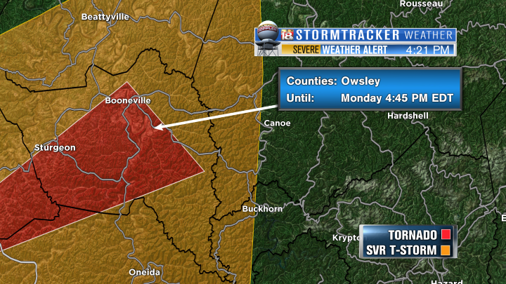 LEX18News's tweet photo. **TORNADO WARNING OWSLEY COUNTY!** Seek shelter immediately! Graphic has details. #LEX18StormTracker https://t.co/wVVan3L5WF