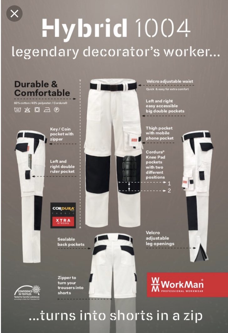 Workman_EN's tweet photo. Did you know that our @Workmanworkwear perfect fit 1004 trousers are able to be configured to shorts? YES 💪🏻! A 2 in 1 system and available online at @MyPaintbrushUK and @CrownDecorators stores all over the UK! @decoratorsforum @painterspitstop check the size chart for your size https://t.co/9sSDK36QgK