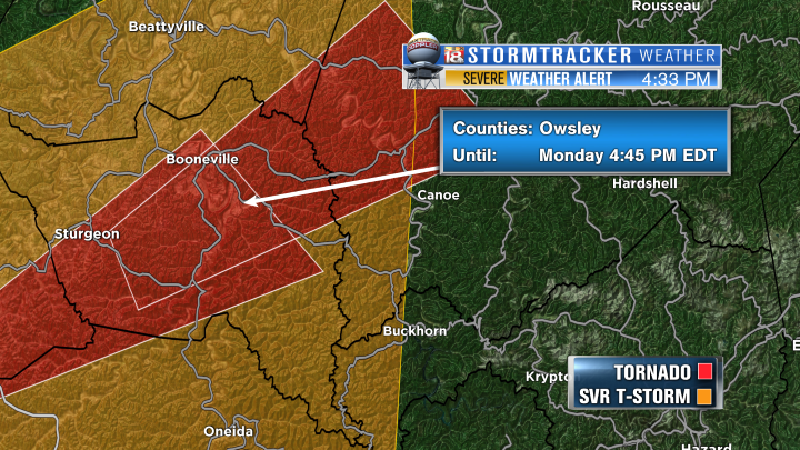 LEX18News's tweet photo. **TORNADO WARNING OWSLEY COUNTY!** Seek shelter immediately! Graphic has details. #LEX18StormTracker https://t.co/cQDqeIIqiG
