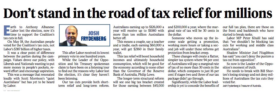 On May 18, Aust people voted for a Govt that puts more money in their pockets, rewards effort &amp; encourages aspiration. It's time Labor supported our tax cuts in full &amp; not deny Australians the tax relief they voted for.

Read my OpEd in <a href="/dailytelegraph/">The Daily Telegraph</a>: bit.ly/31TzjlB