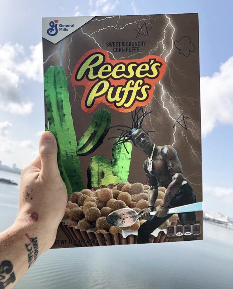 Travis Scott now has his own limited edition Reese's Puffs cereal 🥣 Travis Scott designed the box himself & they go on sale tomorrow. $50 a box