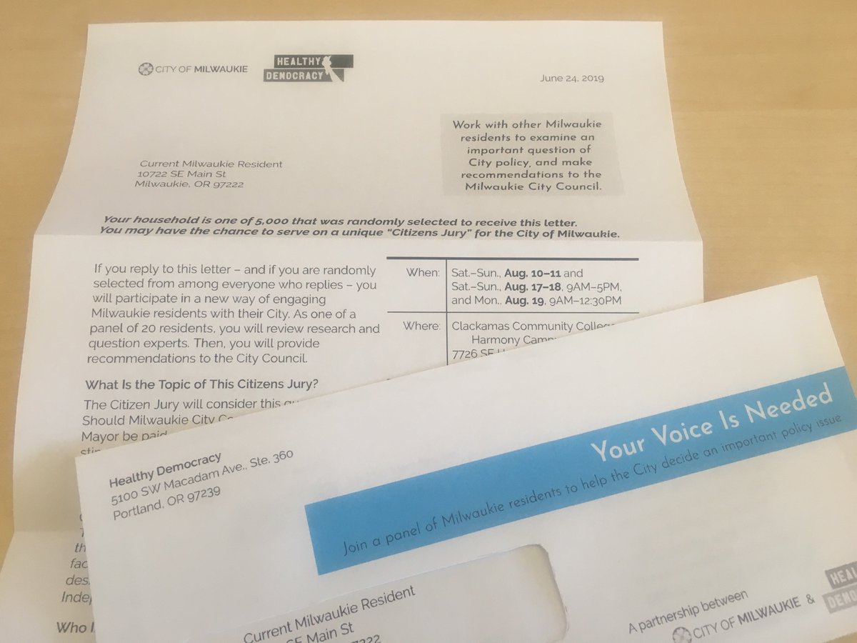 Five thousand randomly selected Milwaukie, Oregon households were mailed a letter this week, giving individuals in those households a chance to be part of a unique partnership between the <a href="/CityofMilwaukie/">City of Milwaukie</a> and <a href="/healthydem/">Healthy Democracy</a>. 

healthydemocracy.org/blog/2019/06/2…