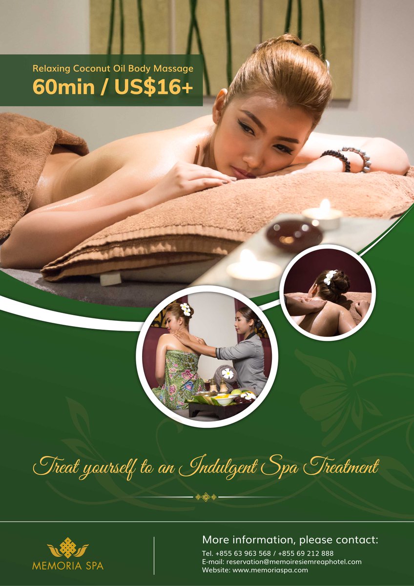 memoiresiemreap's tweet image. Treat yourself to an indulgent Relaxing Coconut Oil Body Massage which is daily available at Memoria Spa by Memoire Siem Reap Hotel.

More info:
Tel. +855 63 963 568 / +855 69 212 888
E-mail: reservation@memoiresiemreaphotel.com
Learn more: memoiresiemreaphotel.com

#relaxation