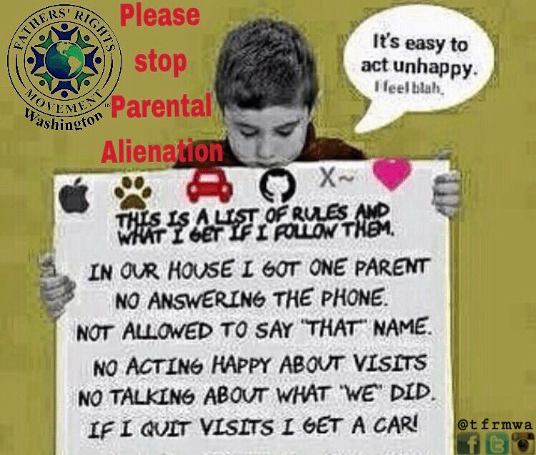 tfrmwa's tweet image. Parental Alienation is #childabuse &amp;amp; is often comes in a multitude of despicable acts, these are a few. #changethelaws!
#tfrmWA #fathersrightsmovement #fathersmatter #youarenotalone #stopPA #fatherhood #support5050 #equalsharedparenting #equality #familylawreform #dads #kids