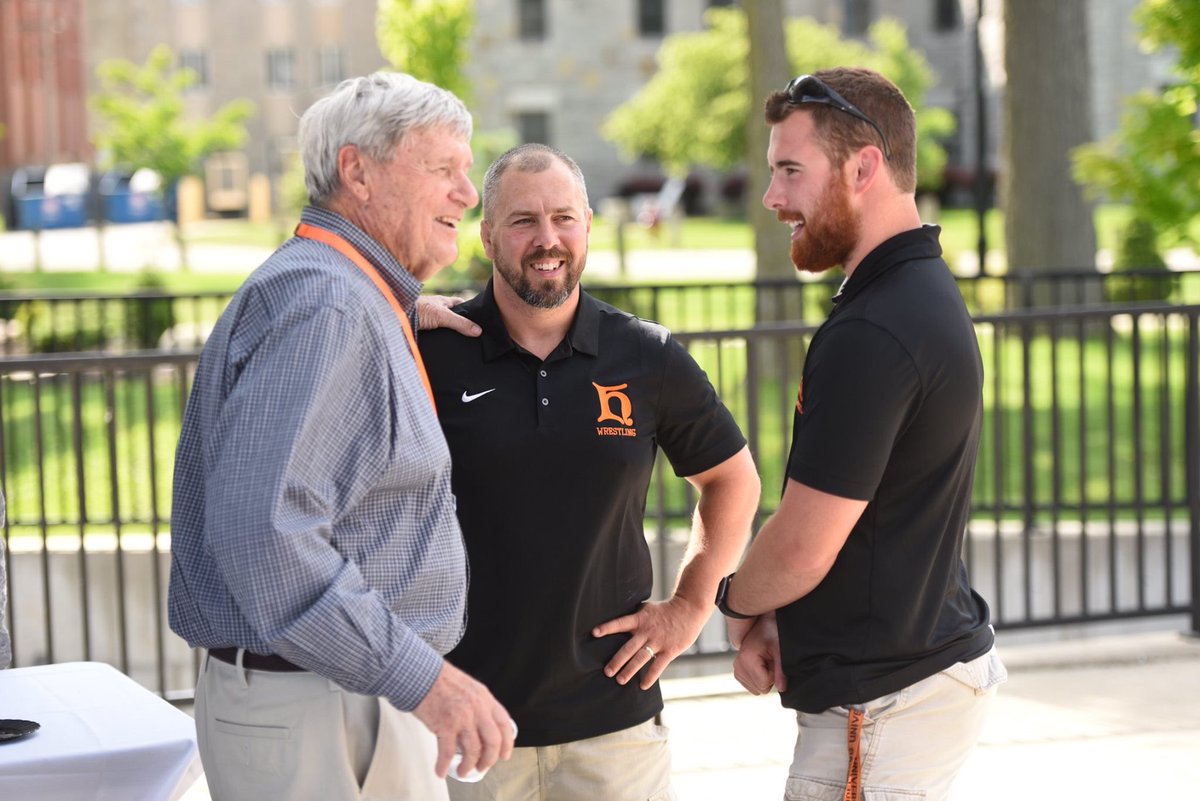 BergWrestling's tweet photo. We wanted to share this photo from this past weekend’s alumni weekend. On the left is Jim Getz. Former head wrestling coach at Heidelberg University. In the middle Coach Patrizi. And on the right Senior Joe Damm. Remind us of a cool generations picture. https://t.co/75diy9JG4Y