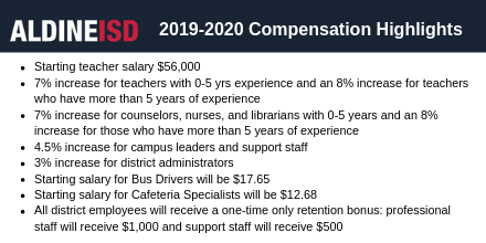 Tonight the Aldine ISD School Board approved the 2019-2020 budget. Check out the compensation highlights.
