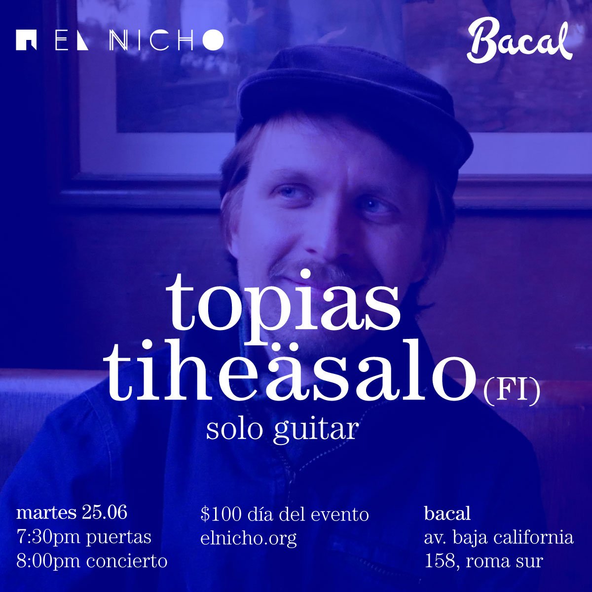elnicho's tweet photo. Mañana #TopiasToheäsalo (FI) presenta un solo de guitarra en Bacal (Av. Baja California 158, Roma Sur). 
Y el miércoles 26 en la @nochedemuseos de @FundacionJumex 
+info →https://t.co/0YZRgdIIKl https://t.co/kPKsDq77aF