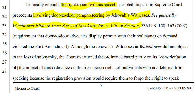lori_dicola's tweet photo. @CovertFade @leonardjfrench I like page 8 that sites one of Watchtower's own cases to show precedent for freedom of anonymous speech! (They were not required to carry ID badges in service.) Well done!!! #ExJW #MotionToQuash #iamdarkspilver https://t.co/JVlvjfxqTM