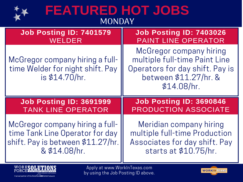 HOTWorkforce's tweet photo. Featured #HotJobs for the week of June 24th. #hotworkforce #wacojobs #mclennancounty #hillcounty #fallscounty #freestonecounty #bosquecounty #limestonecounty https://t.co/5MSuAr6l85