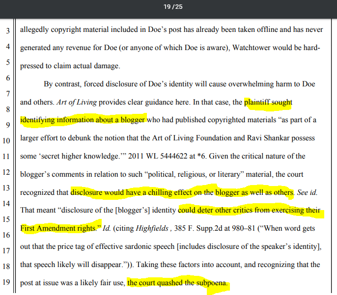 lori_dicola's tweet photo. @CovertFade @leonardjfrench WT v. EFF/Darkspilver - Here they reference a case where someone posted copy righted material and the court upheld his anonymity because it would deter others from speaking freely and critically. Where do they find these things? I love it! #ExJW #MotionToQuash #iamdarkspilver https://t.co/pvlBeQeqy4