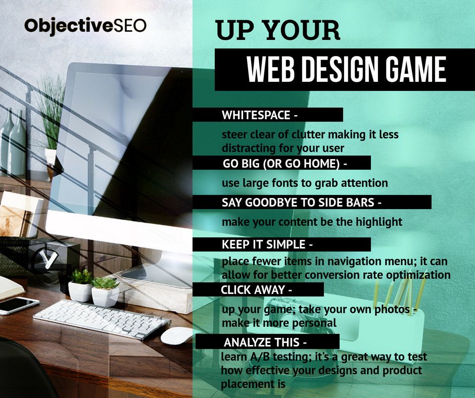 ObjectiveSeo's tweet image. Up your Web Design Game. 

Whitespace 
Go Big 
Say Goodbye to Side Bars 
Keep It Simple 
Click Away - up your game; take your own photos 
Analyze This 

#web #webdesign #website #design #html #marketing #webdeveloper