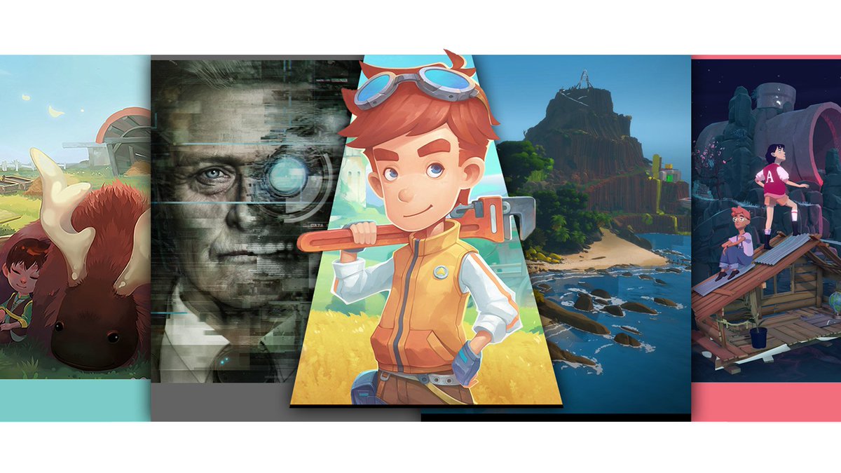 Image features five vertical cutouts from various games. From left to right, a young child rests on a mythical creature with antlers, a cyborg man in a suit, a boy wearing goggles and a yellow vest holding a wrench, an island landscape, and two kids exploring underground.