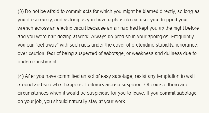 (1) Use materials which appear to be innocent.(2) Try to commit acts for which large numbers of people could be responsible.(3) Do not be afraid to commit acts for which you might be blamed directly, so long as you do so rarely.(4) Resist any temptation to stick around. /28