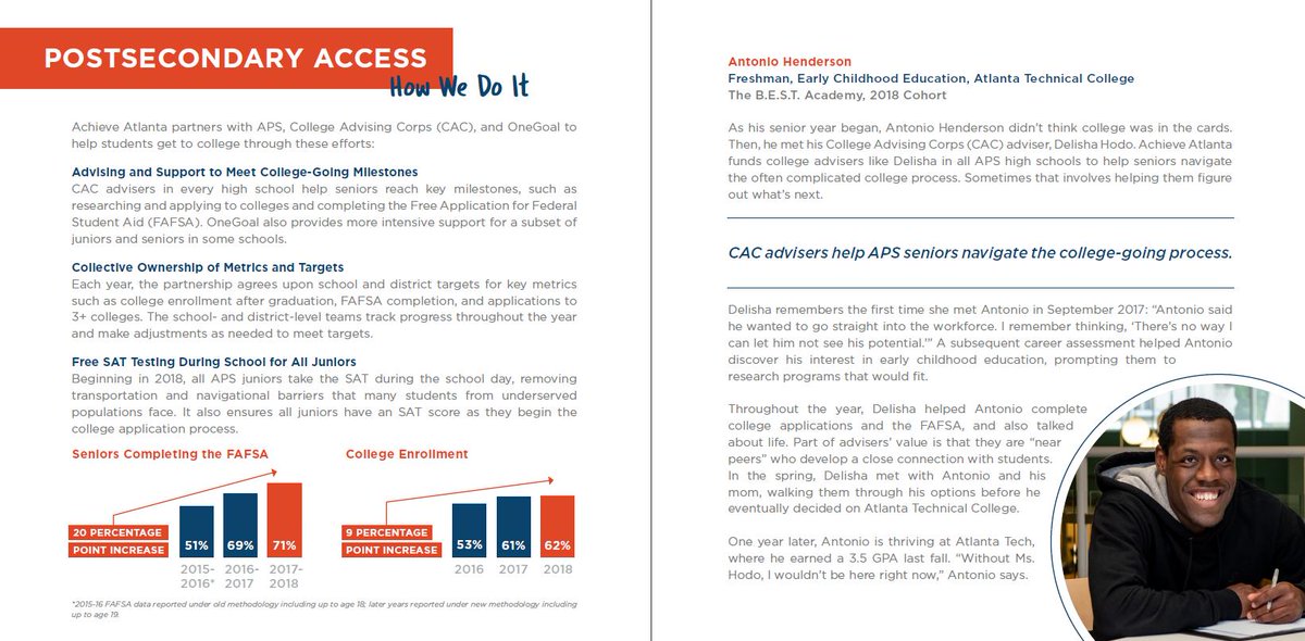 I'm honored that <a href="/AchieveAtlanta/">Achieve Atlanta</a> chose to highlight my former student Antonio and I in their annual report! I'm extremely proud of Antonio &amp; know that he will continue to find success in all that he does! <a href="/AdvisingCorps/">College Advising Corps</a> <a href="/GeorgiaCAC/">College Advising Corps at UGA</a>
