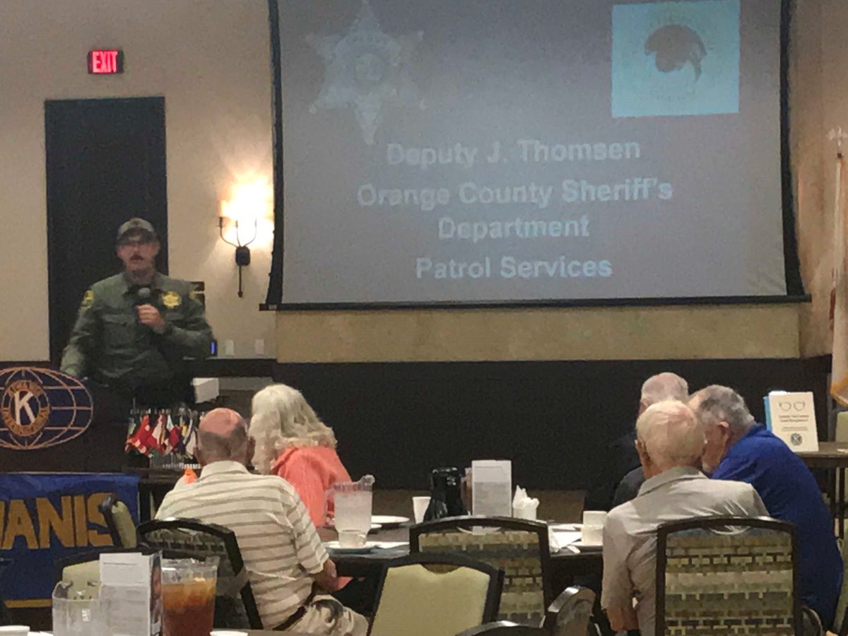 Deputy Thomsen educating our Laguna Woods Kiwanis members of the dangers of scams and identity theft. If someone calls to tell you to use gift cards to pay the IRS or Social Security Office back- It's a scam! Don't be a victim!