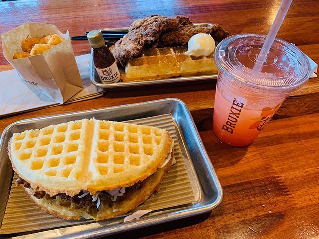 LisaOnSocial's tweet photo. Original chicken and waffle sandwich. Thanks to @kellysculinaryadventures for the recommendation! 🍗 🥪 The chicken had some good heat and the waffle was light and crispy for the sandwich! @bruxiewaffles #lisa #lisaonsocial #bloggers  #yycblog #yycblogger #canadablogger #las #… https://t.co/9RmOW8zmVb