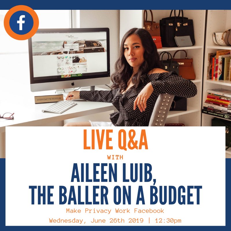 We’re hosting a live Q&amp;A with Aileen Luib of <a href="/budgetballer_/">BALLER ON A BUDGET</a>  this Wednesday, June 26th at 12:30pm. She will be discussing the #CCPA and the #PrivacyFixes needed to #MakePrivacyWork for everyone! 

Go to Facebook.com/MakePrivacyWor… to join the conversation!