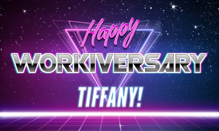 TiffyToffy's tweet photo. My boss @trainingcreativ knows I love vaporwave art and she made me a custom workiversary email graphic #shesthebest #5years #purplelife https://t.co/aq1fJeKb0D