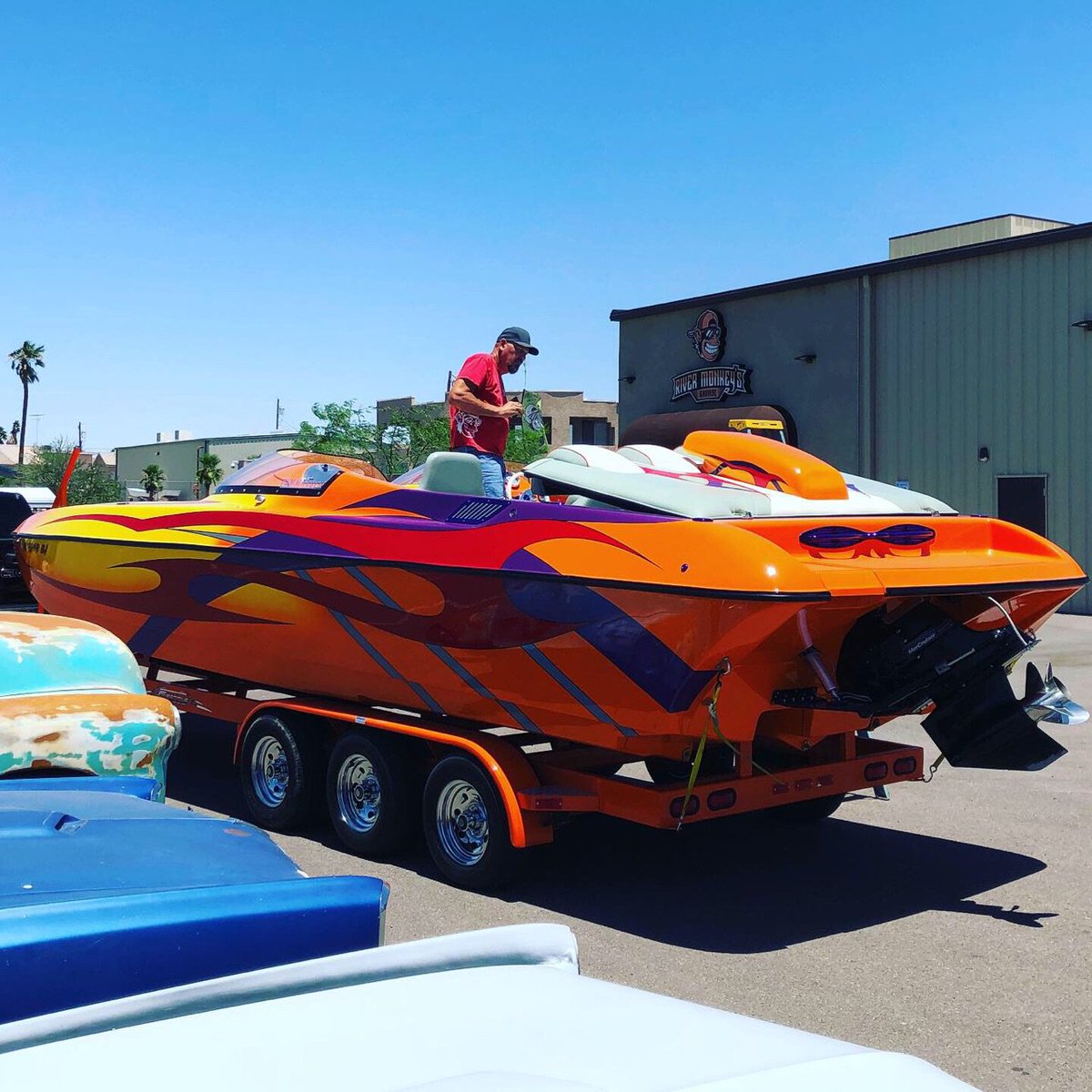 YOURBOATMAN's tweet photo. She's finally arrived! Come check this beauty out at River Monkey's Garage showroom.  2040 Acoma Boulevard West Lake Havasu City AZ 86403 https://t.co/sNxAlYjV9D