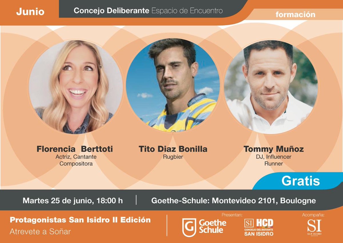 HCDSanIsidro's tweet photo. EL CICLO #PROTAGONISTASSI CONTINÚA CON LA CHARLA “ATREVETE A SOÑAR” 👉🏻Mañana se desarrollará a las 18, la 3er charla en @goetheschuleba
La misma apunta a promover un estilo de vida creativo, positivo y entusiasta entre los jóvenes. ¡Te esperamos!
@florbertottiok @TommyMunozDj https://t.co/YIF73os3oX