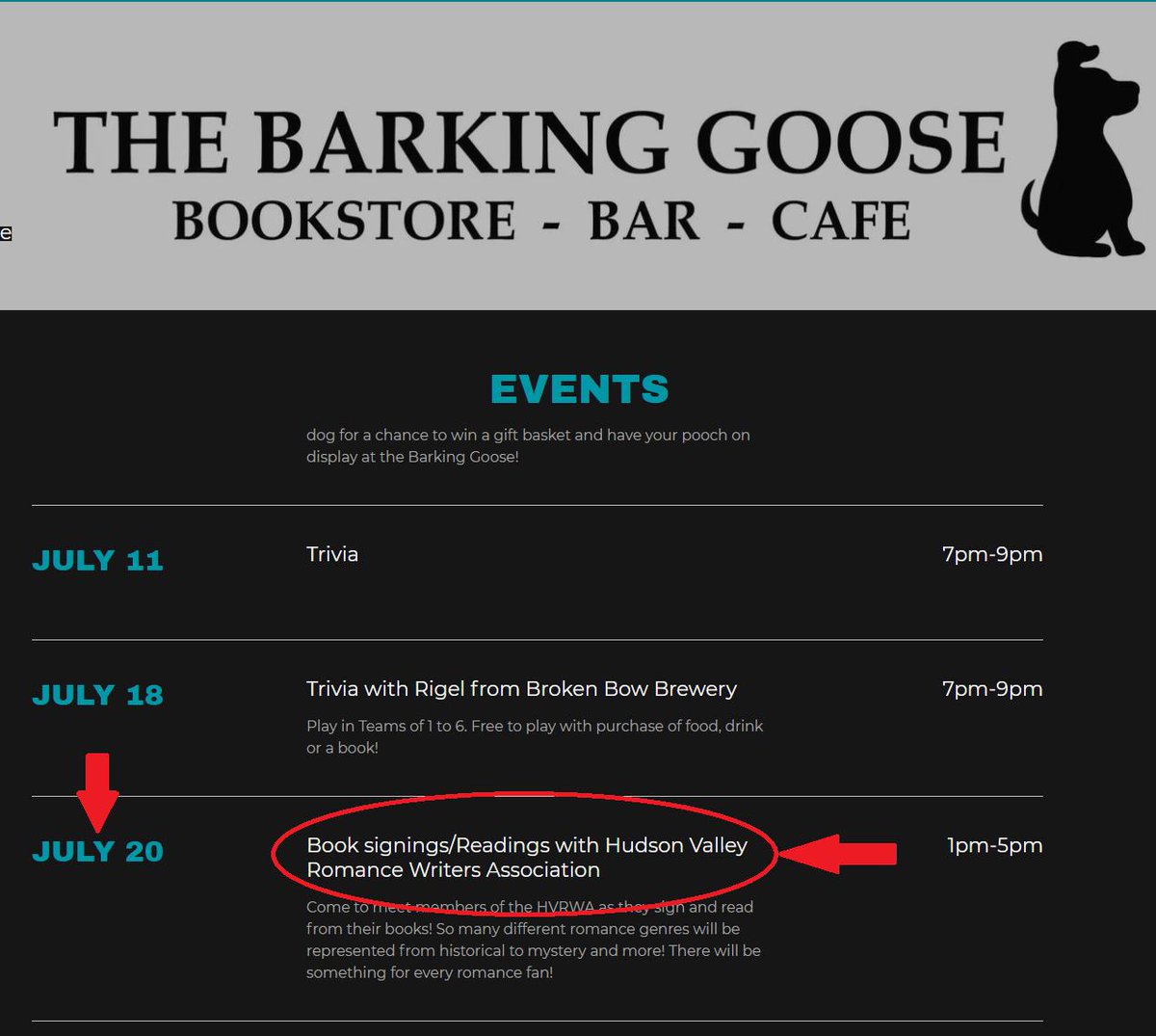 We're on the schedule! Do not miss our book signing event at the Barking Goose Bookstore, Bar, and Cafe on July 20. 
Great authors signing and reading great books!
Excellent food, numerous local craft beers, and wine! 
barkinggoosebookbar.com 
#TheBarkingGoose
#HVRWA