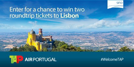 flySFO's tweet photo. Experience Lisbon with TAP Air Portugal! Enter for a chance to win two roundtrip economy class tickets from SFO to LIS (Lisbon) on @tapairportugal! To enter visit- https://t.co/hy23hAF8q4 #WelcomeTAP https://t.co/SQg3Z3qknR